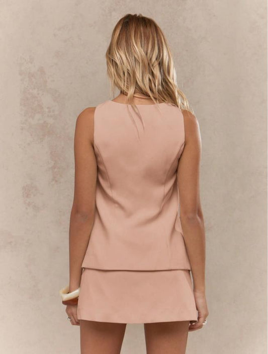 Ensemble gilet sans manches et mini-jupe à col carré boutonné pour femmes