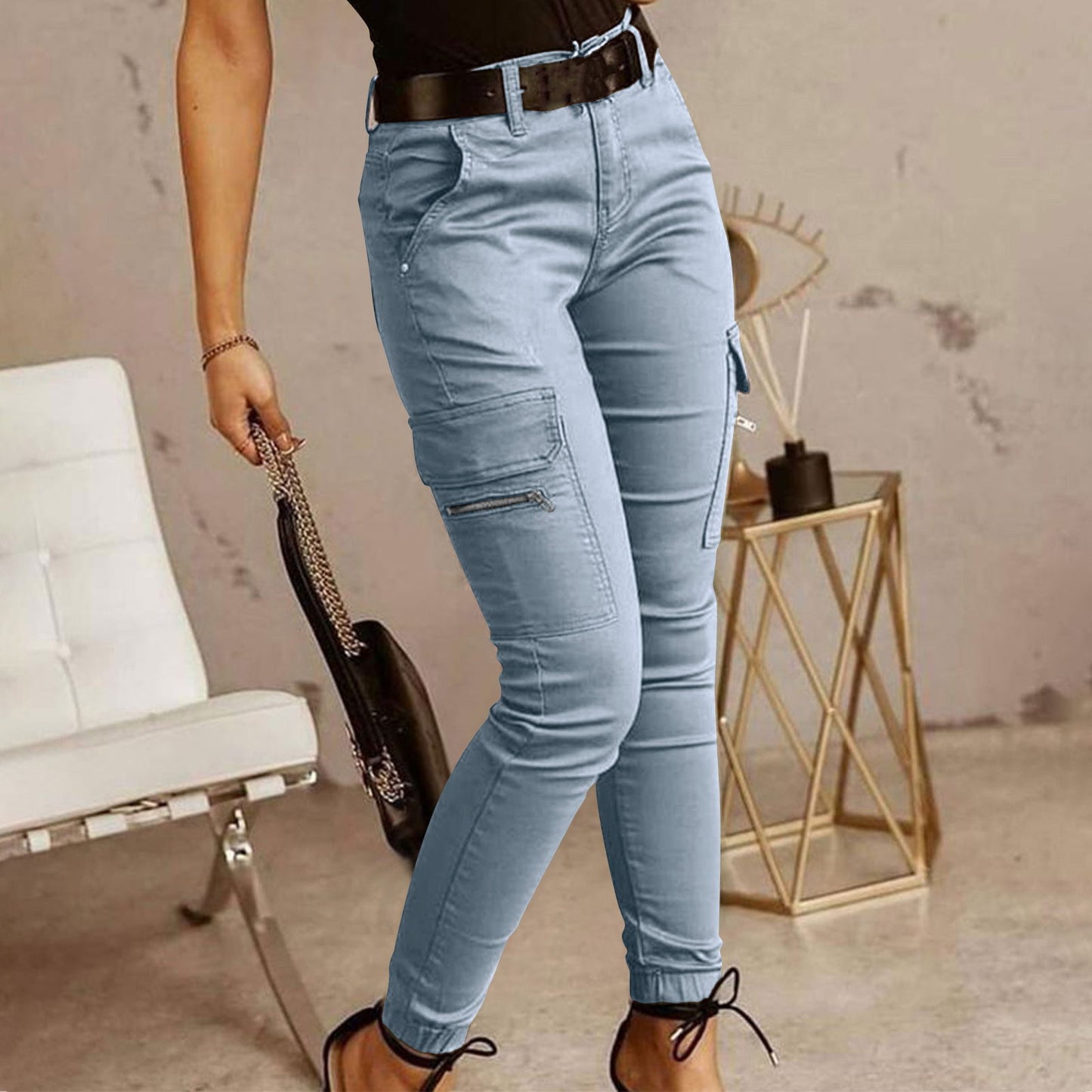 Pantalon cargo en coton à taille moyenne pour femmes