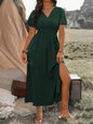 Solid Color V Neck Long Dress with Elastic Bell Sleeves and Slit at Waist