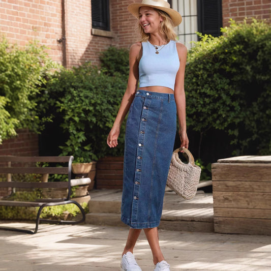 Jupe à boutons en denim extensible pour femmes