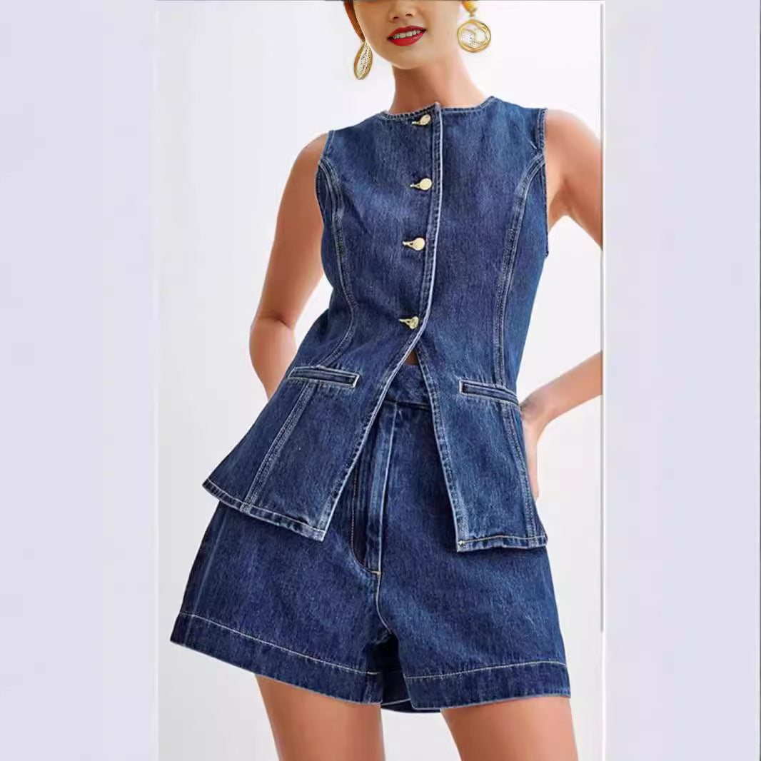 Combinaison short en denim sans manches à taille haute pour femmes