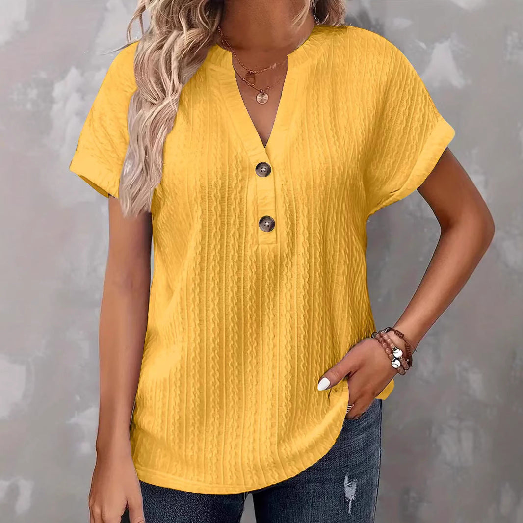 T-shirt uni à col en V et à boutons