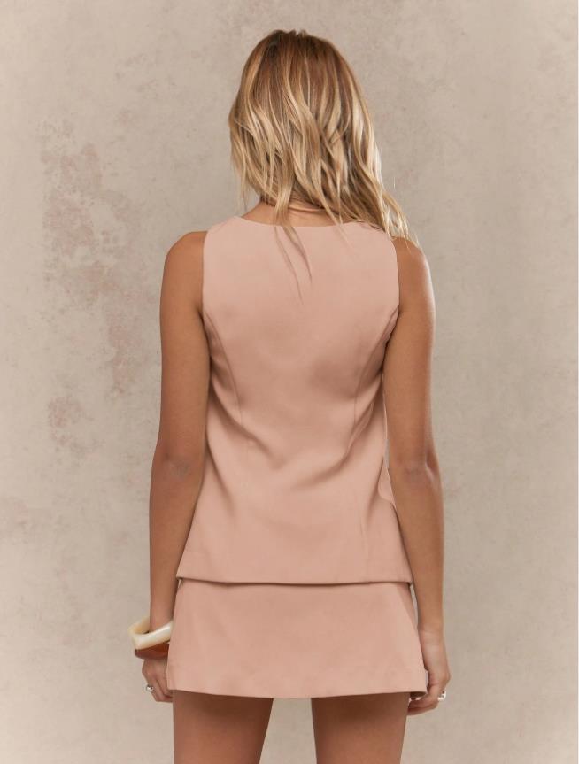 Ensemble gilet sans manches et mini-jupe à col carré boutonné pour femmes