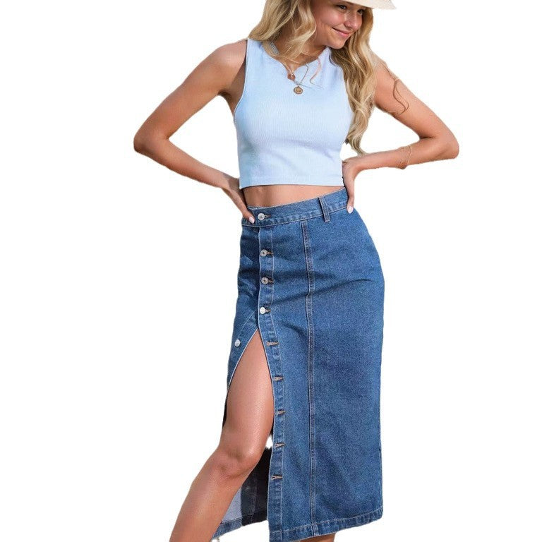Jupe à boutons en denim extensible pour femmes