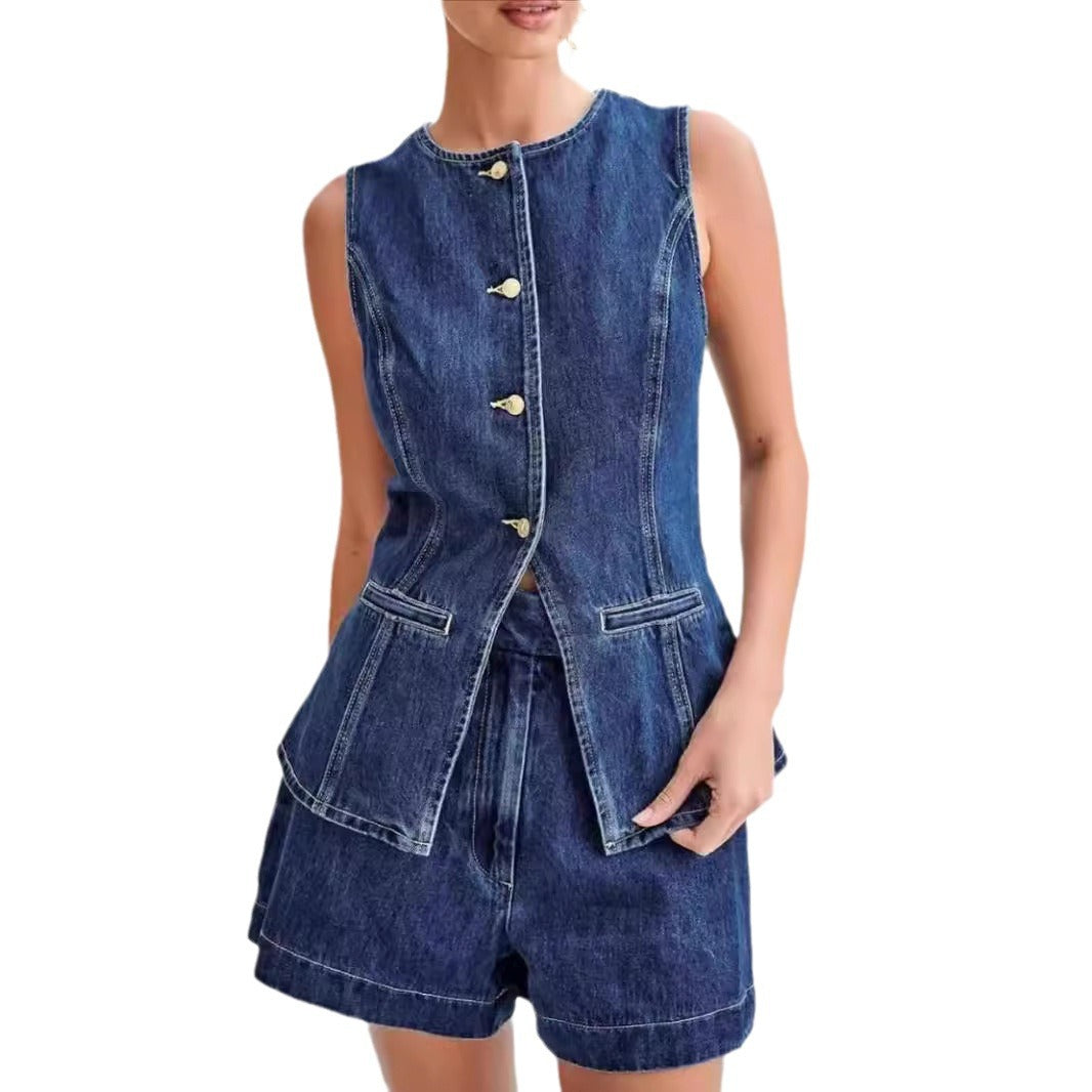 Combinaison short en denim sans manches à taille haute pour femmes
