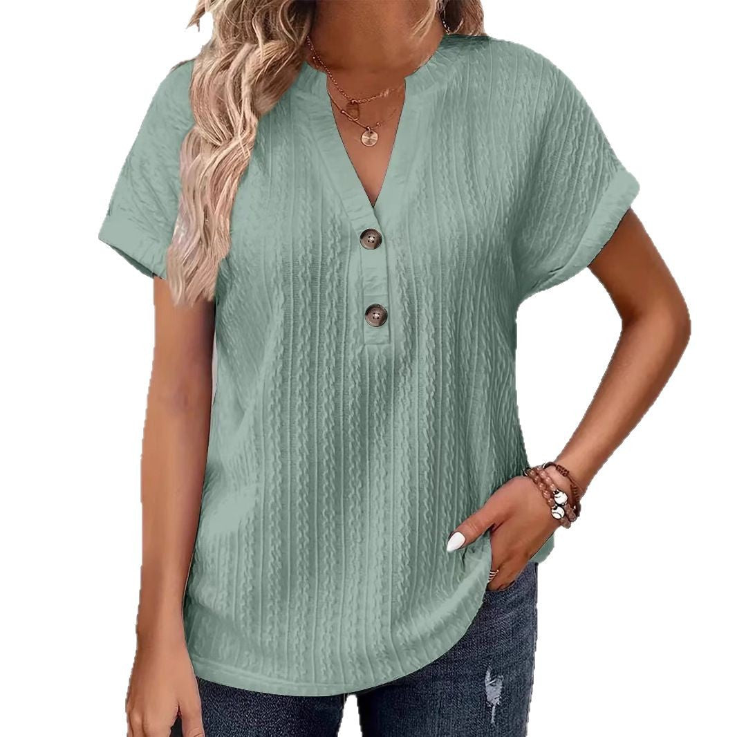 T-shirt uni à col en V et à boutons