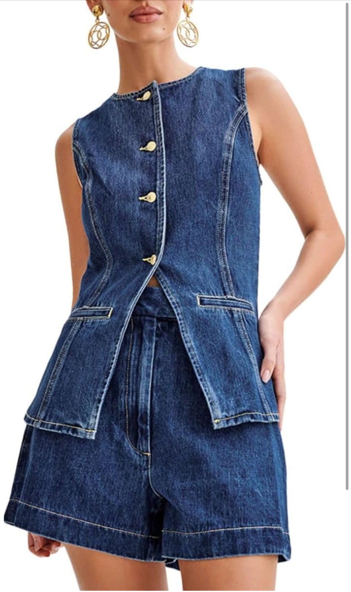 Combinaison short en denim sans manches à taille haute pour femmes
