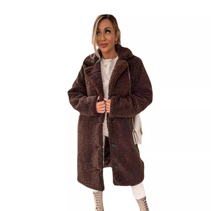 Manches longues Lapel Women's Plush Jacket Long Coat