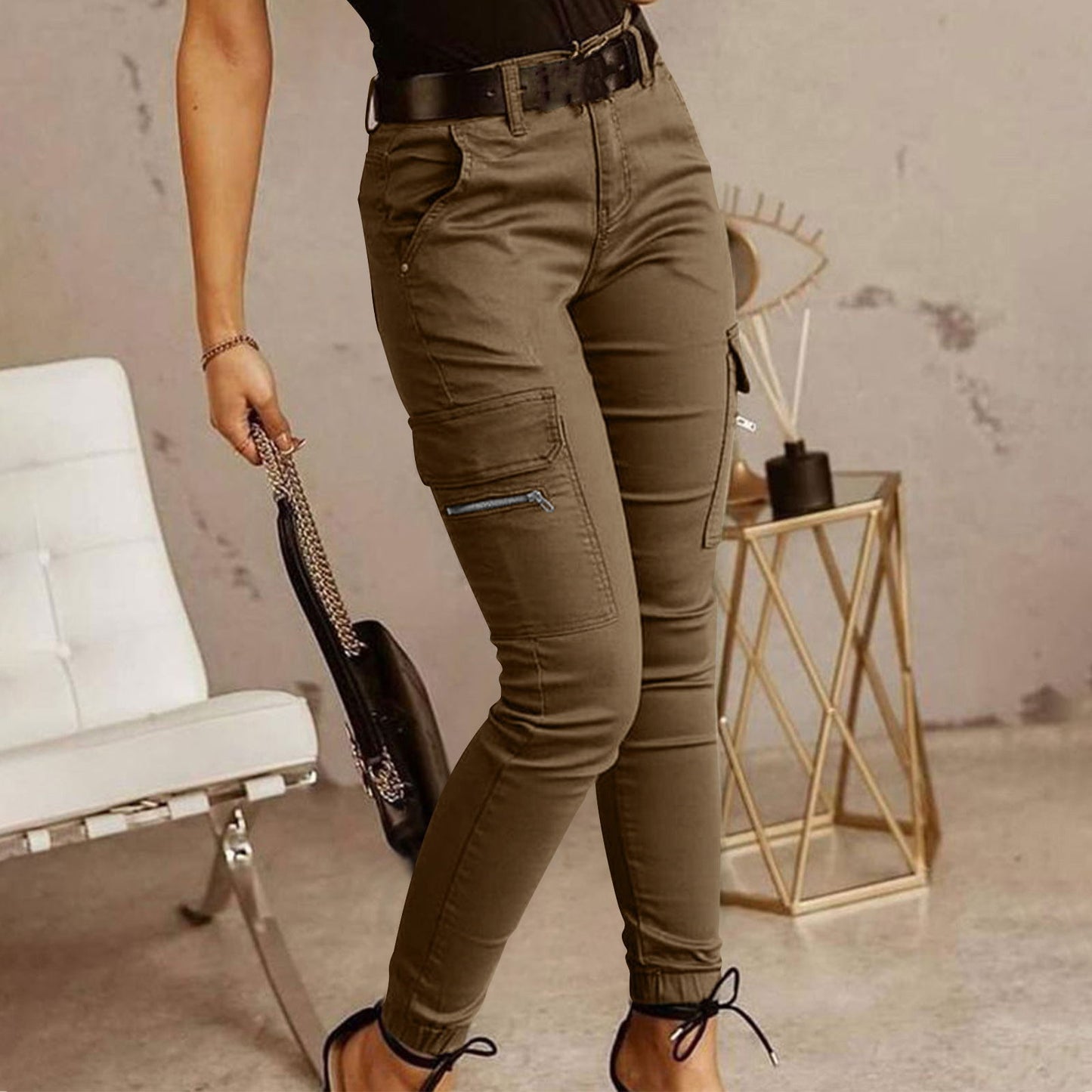 Pantalon cargo en coton à taille moyenne pour femmes