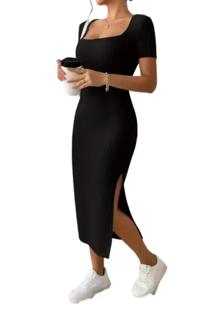 Summer Knitted Midi Dress with Square Neck and Slit