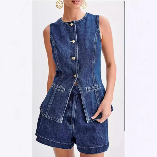 Combinaison short en denim sans manches à taille haute pour femmes