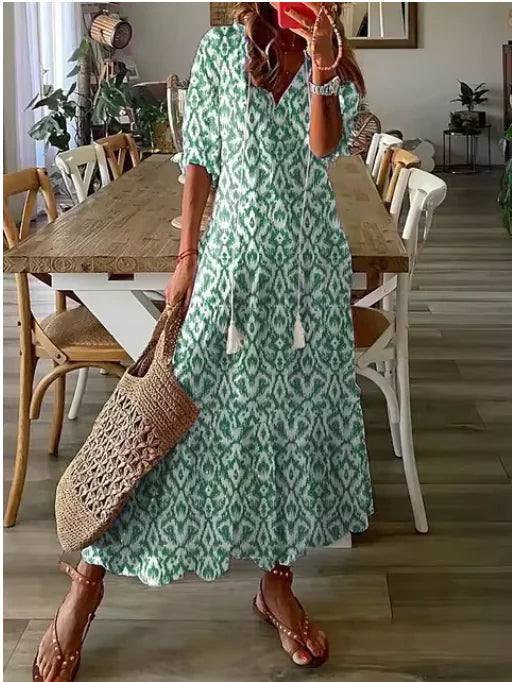 Robe Midi Bohémienne à Col V et Manches Longues