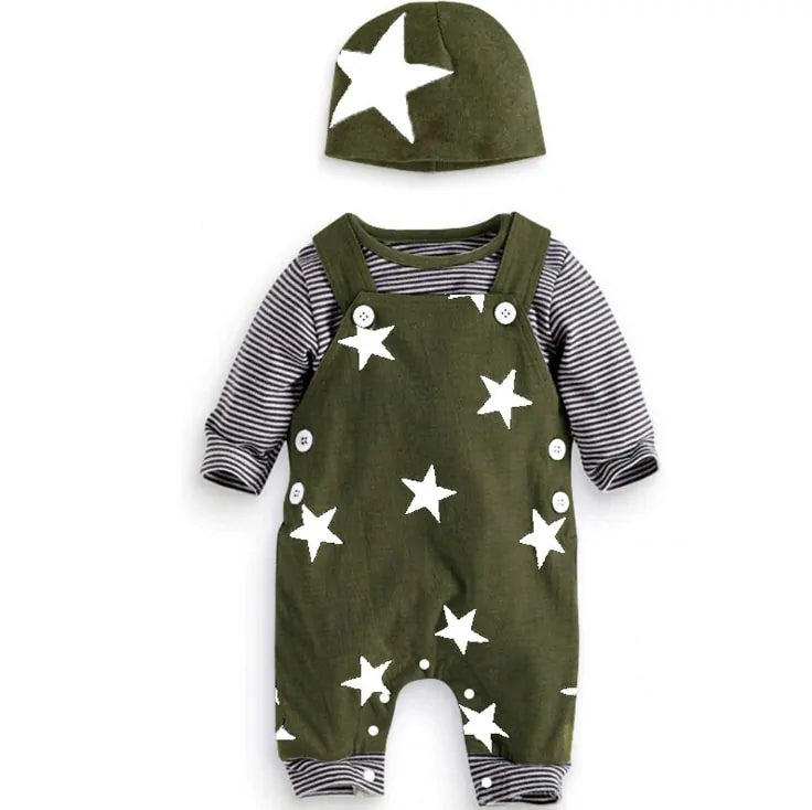 Ensemble de Vêtements pour Bébé Garçon Nouveau-né : Hauts à Manches Longues + Pantalons à Bretelles + Chapeau