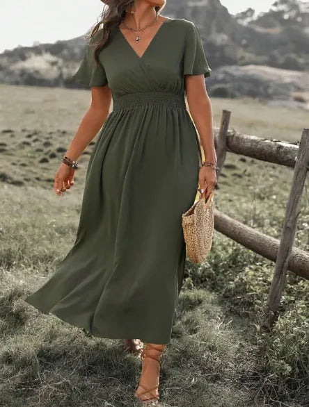 Solid Color V Neck Long Dress with Elastic Bell Sleeves and Slit at Waist