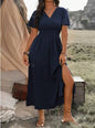 Solid Color V Neck Long Dress with Elastic Bell Sleeves and Slit at Waist