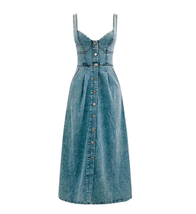 Robe Midi en Denim à Boucles pour Femme