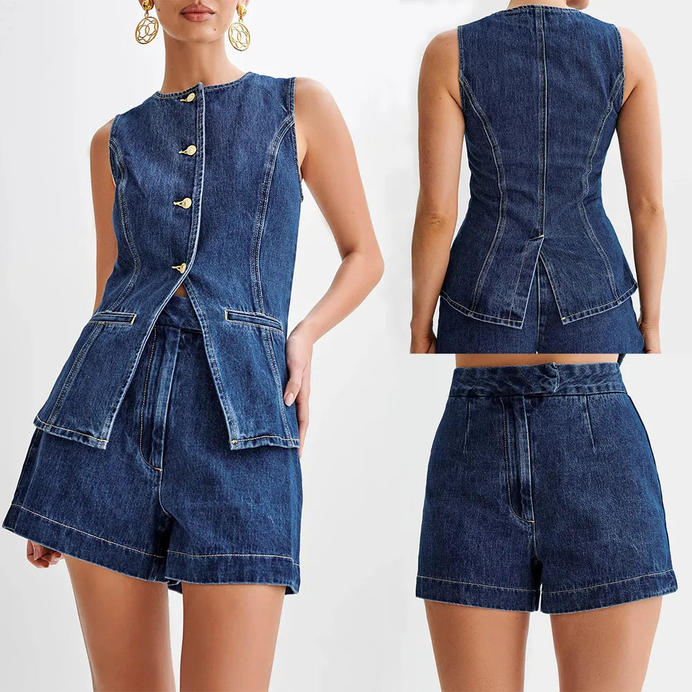 Ensemble Femme Décontracté en Denim Sans Manches