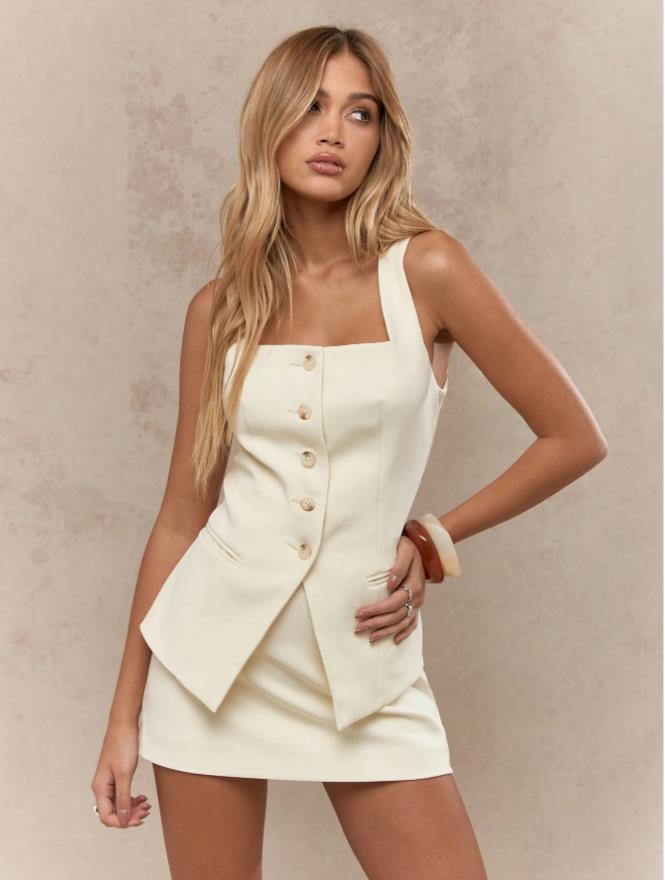 Ensemble gilet sans manches et mini-jupe à col carré boutonné pour femmes