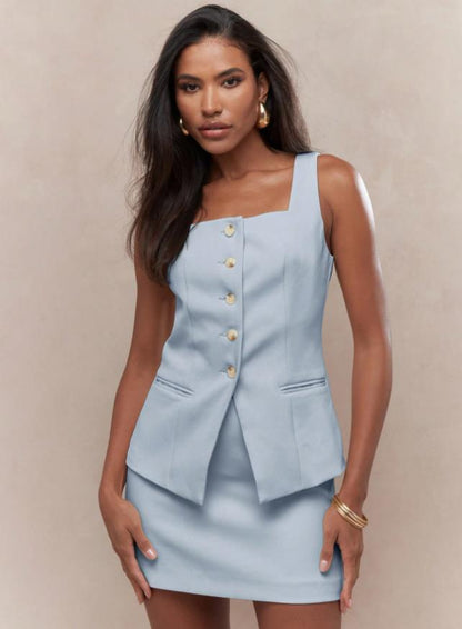 Ensemble gilet sans manches et mini-jupe à col carré boutonné pour femmes