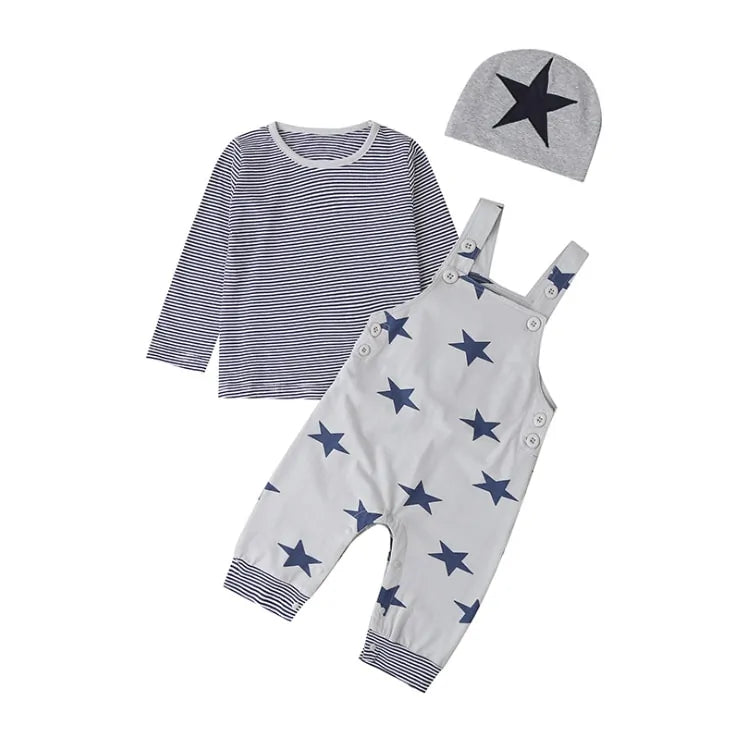 Ensemble de Vêtements pour Bébé Garçon Nouveau-né : Hauts à Manches Longues + Pantalons à Bretelles + Chapeau