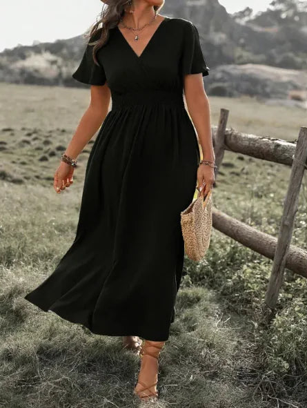 Solid Color V Neck Long Dress with Elastic Bell Sleeves and Slit at Waist