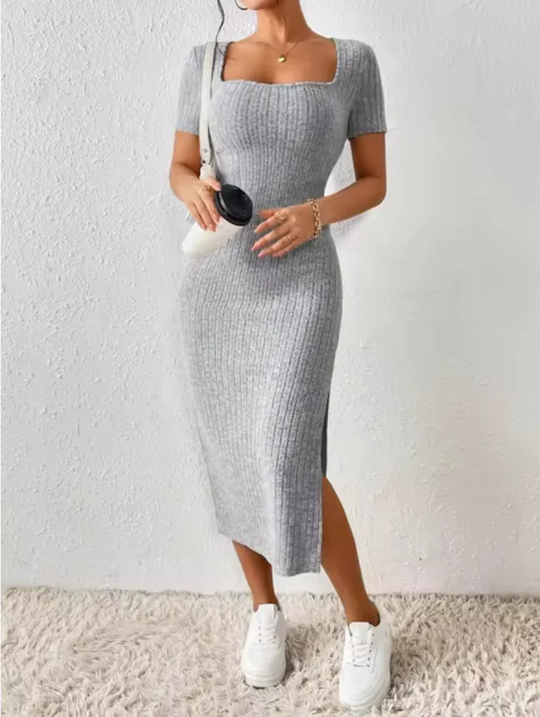 Summer Knitted Midi Dress with Square Neck and Slit