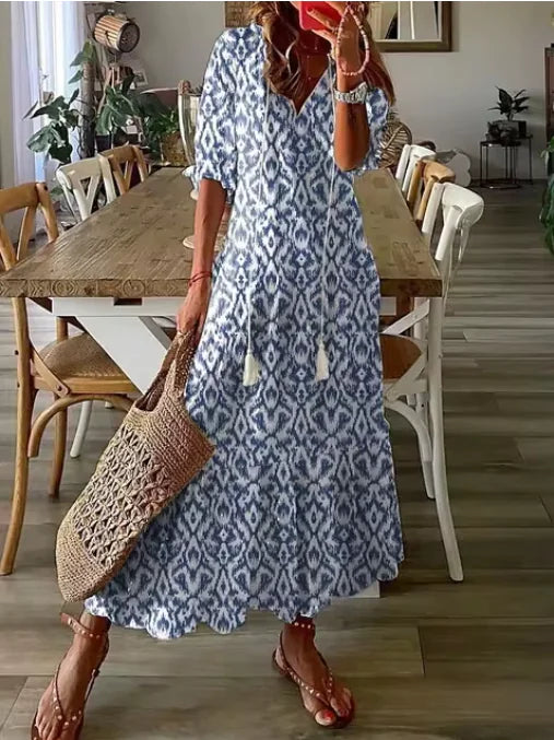 Robe Midi Bohémienne à Col V et Manches Longues