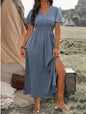 Solid Color V Neck Long Dress with Elastic Bell Sleeves and Slit at Waist