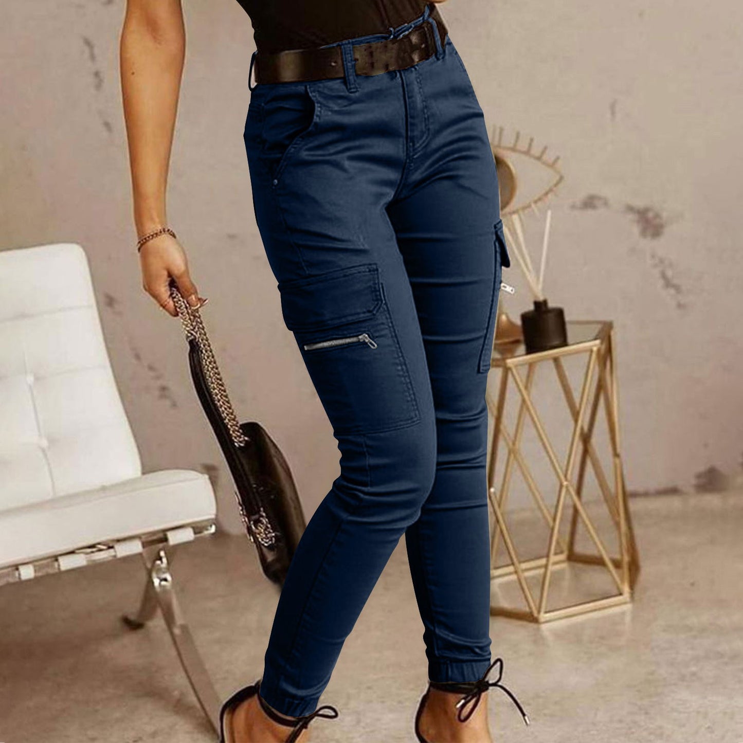 Pantalon cargo en coton à taille moyenne pour femmes
