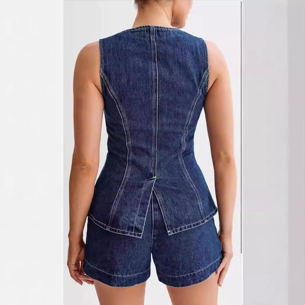 Combinaison short en denim sans manches à taille haute pour femmes