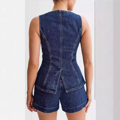 Combinaison short en denim sans manches à taille haute pour femmes
