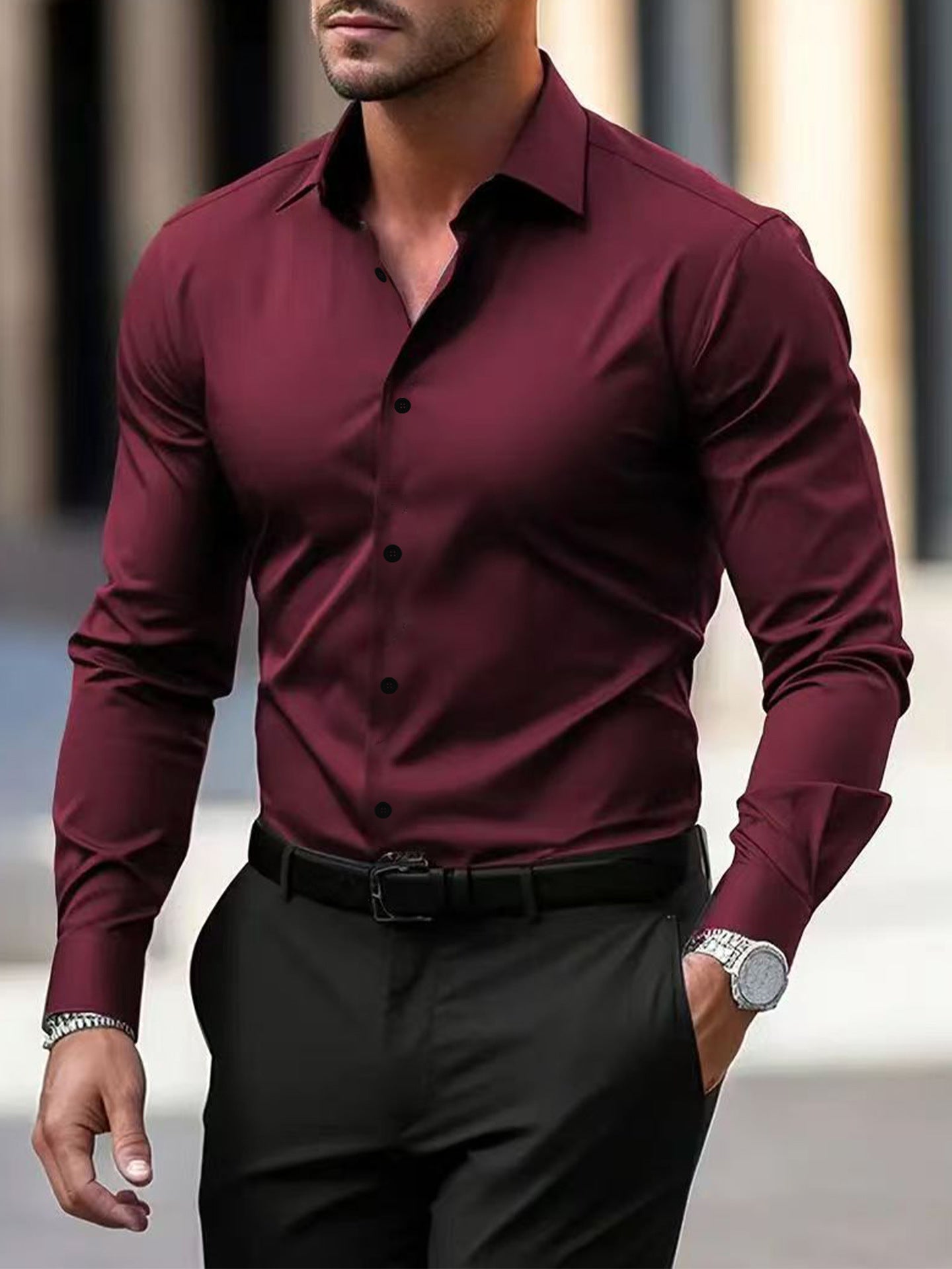 Chemise à manches longues de couleur unie pour homme