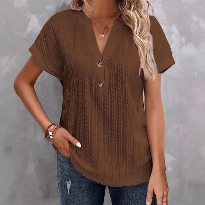 T-shirt uni à col en V et à boutons