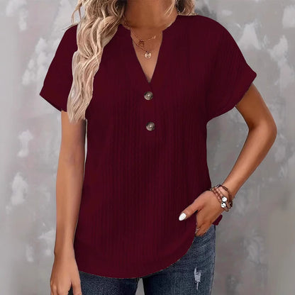 T-shirt uni à col en V et à boutons