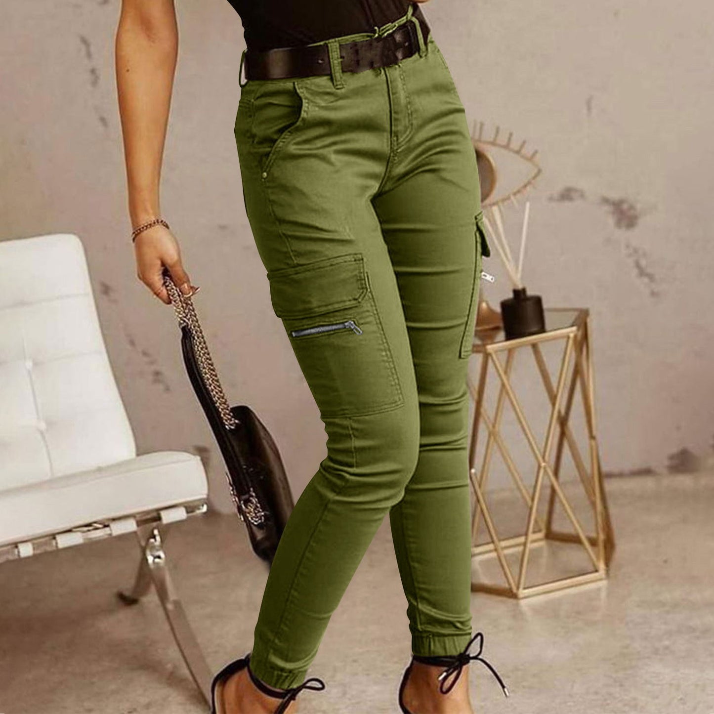 Pantalon cargo en coton à taille moyenne pour femmes