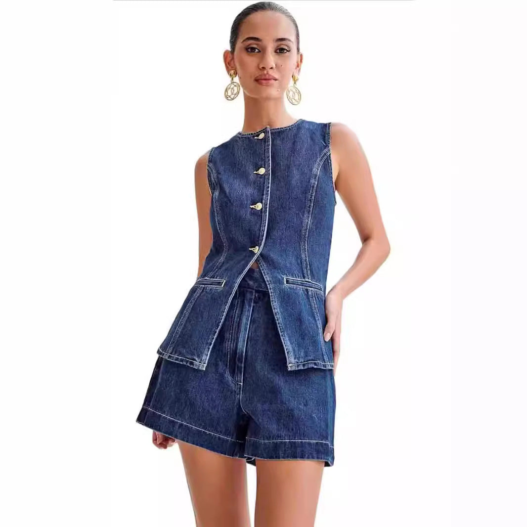 Combinaison short en denim sans manches à taille haute pour femmes