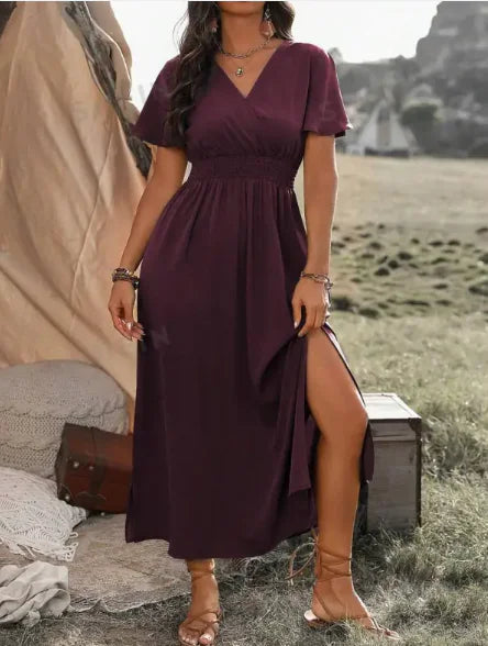 Solid Color V Neck Long Dress with Elastic Bell Sleeves and Slit at Waist