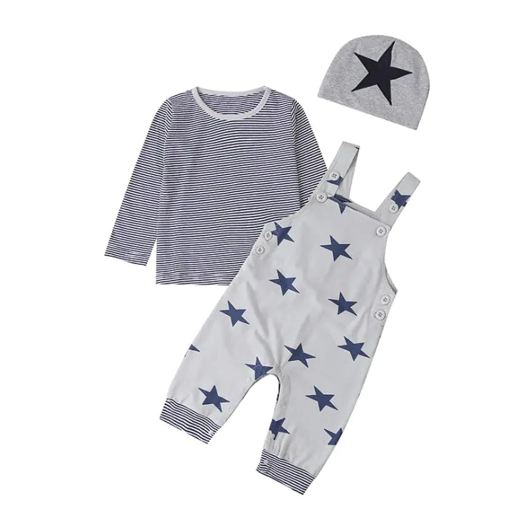 Ensemble de Vêtements pour Bébé Garçon Nouveau-né : Hauts à Manches Longues + Pantalons à Bretelles + Chapeau