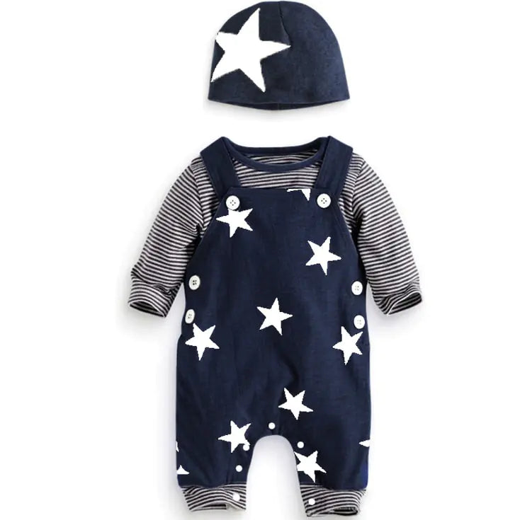 Ensemble de Vêtements pour Bébé Garçon Nouveau-né : Hauts à Manches Longues + Pantalons à Bretelles + Chapeau