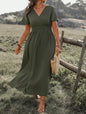 Solid Color V Neck Long Dress with Elastic Bell Sleeves and Slit at Waist