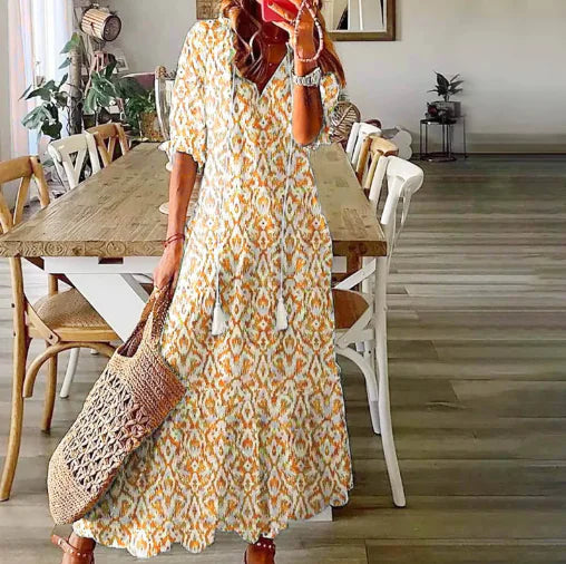 Robe Midi Bohémienne à Col V et Manches Longues